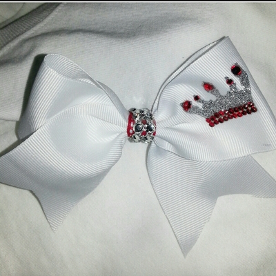 "crown" bling cheer bow - 2 in white grosgrain ribbon with bling center