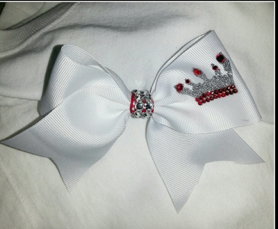 "CROWN" BLING CHEER BOW - 2 in White Grosgrain Ribbon with Bling Center