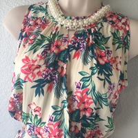 Floral Print Romper w/Pearl Neckline - Thumbnail 1