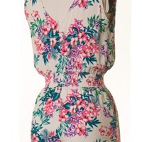 Floral Print Romper w/Pearl Neckline - Thumbnail 2