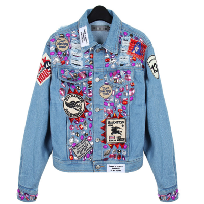 Street fashion punk colored acrylic diamond denim jacket - Thumbnail 5
