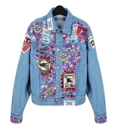 STREET FASHION PUNK COLORED ACRYLIC DIAMOND DENIM JACKET