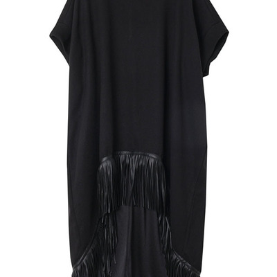 High collar black loose tassel dress shirt - Thumbnail 4