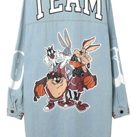 STREET FASHION GOOFY CARTOON EMBROIDERED DENIM DRESS SHIRT - Thumbnail 1