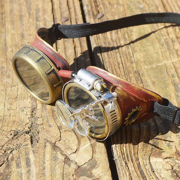 Maroon and Gold Steampunk Goggles with Gold Gears and Loupes Apocalypse Scientist Space Captain Motorcycle Cyber Rave