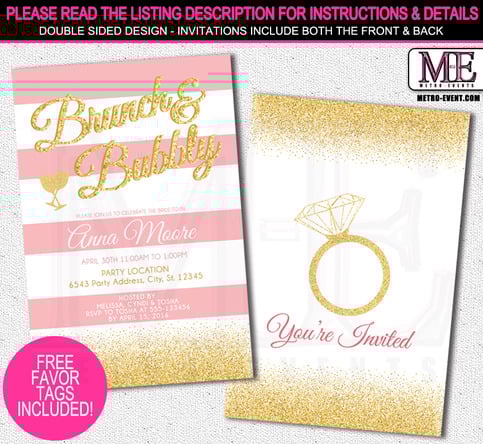Brunch and Bubbly Bridal Shower Invitation - Printable File or Printed Invitations