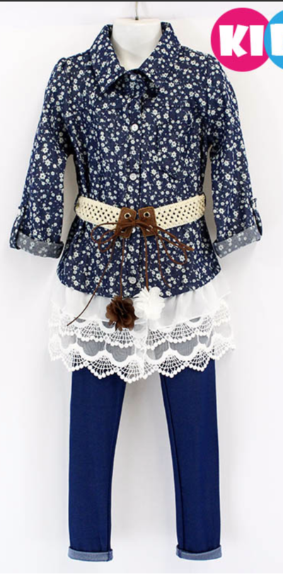 Girls Lace Layered Denim Blouse and Jeggings set W/Belt