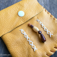 Mustard Leather with Brown Beads and Stitching - Thumbnail 4