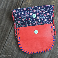 Red Leather w/Blue Flower vintage Fabric  - Thumbnail 1