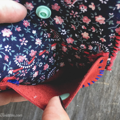 Red leather w/blue flower vintage fabric 