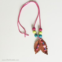 Purple, Teal, Green Leather Feather Necklace - Thumbnail 1