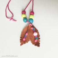 Purple, Teal, Green Leather Feather Necklace - Thumbnail 3