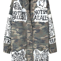 HARAJUKU STYLE CAMOUFLAGE ROSES LETTERS ROSES DYEING COLLAR LONG COAT - Thumbnail 2