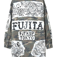 HARAJUKU STYLE CAMOUFLAGE ROSES LETTERS ROSES DYEING COLLAR LONG COAT - Thumbnail 4