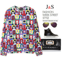 POP ART CARTOON FIGURED DYEING LOOSE SWEATSHIRT Q92816 - Thumbnail 3