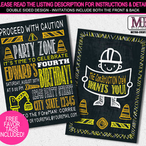 Construction Birthday Invitations, Chalkboard Invitation