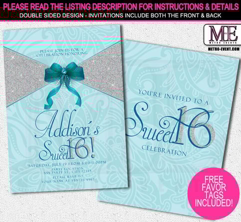 Sweet 16 Party Invitation, Printed Invitations or Digital File
