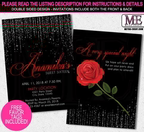 Red Rose, Sweet 16 Birthday Invitations