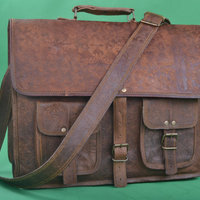 16" inches Embossed Leather Messenger Bag A4 Handmade Soft Leather Men Unisex Ipad Satchel Shoulder Handbags/Bags Pouch/Case For him or her - Thumbnail 1