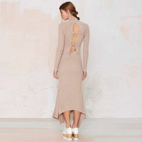 MILANO FASHION OPEN BACK SEXY BEIGE RUFFLED DRESS MM793 - Thumbnail 3