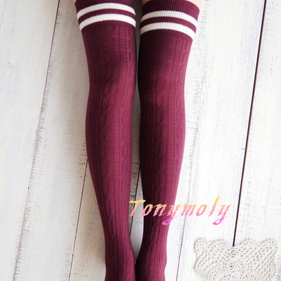Free shipping women's girls navy wind twist vertical stripes two horizontal knee tights stockings