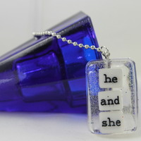 Word Play Rectangle Necklace - He And She - Thumbnail 1
