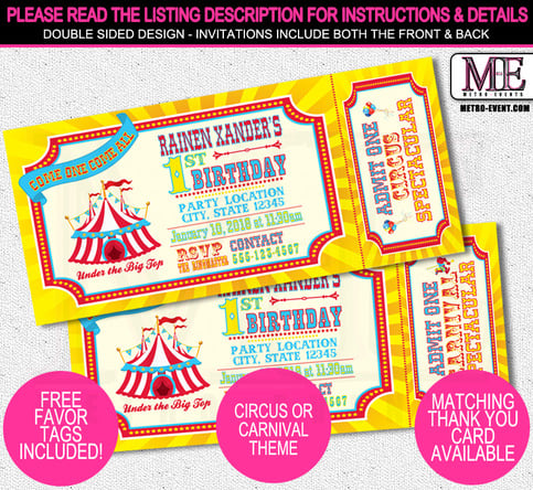 Ticket Invitations for Carnival or Circus Birthday