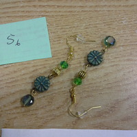 Steampunk Stamped FlowerBead Brushed Gold/Bronze Antique-y With Green Fired Glass Bead Accent Earrings - Thumbnail 1