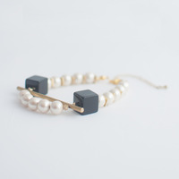 Black Onyx Bead Cotton Pearl Bracelet BL1082 - Thumbnail 1