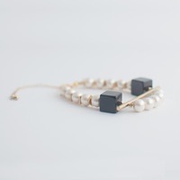 Black Onyx Bead Cotton Pearl Bracelet BL1082 - Thumbnail 3