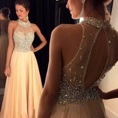Simple prom dresses,champagne a-line high neck  chiffon   prom dresses evening dresses 8684