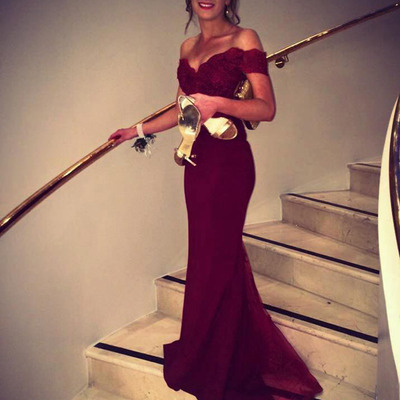 Prom dresses with straps,burgundy trumpet/mermaid off-the-shoulder chiffon prom dresses evening dresses 8650