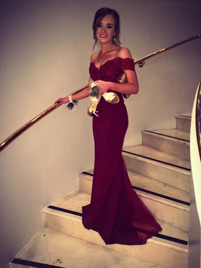 prom dresses with straps,Burgundy Trumpet/Mermaid Off-the-shoulder Chiffon Prom Dresses Evening Dresses 8650