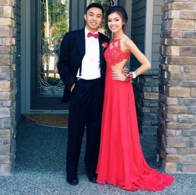 Long prom dress, sexy prom dress, lace prom dress, open back prom dress, red prom dress, chiffon prom dress, PD15122