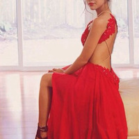 Long prom dress, sexy prom dress, lace prom dress, open back prom dress, red prom dress, chiffon prom dress, PD15122 - Thumbnail 1