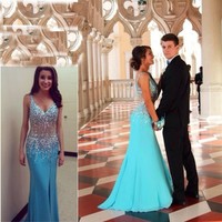 Blue prom dress, off shoulder prom dress, formal prom dress, v-neck prom dress, long prom dress, sparkly prom dress, evening dress, PD15050 - Thumbnail 2