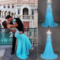 Blue prom dress, off shoulder prom dress, formal prom dress, v-neck prom dress, long prom dress, sparkly prom dress, evening dress, PD15050 - Thumbnail 1