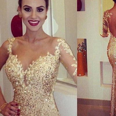 Ugly prom dresses,gold trumpet/mermaid one shoulder tulle prom dresses evening dresses 1295