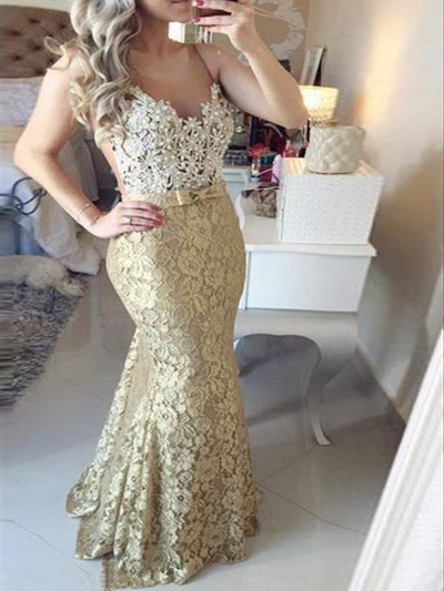 green prom dresses,Gold Trumpet/Mermaid Scoop Tulle Prom Dresses Evening Dresses 8706
