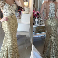 green prom dresses,Gold Trumpet/Mermaid Scoop Tulle Prom Dresses Evening Dresses 8706 - Thumbnail 1