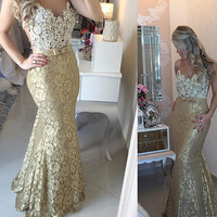 green prom dresses,Gold Trumpet/Mermaid Scoop Tulle Prom Dresses Evening Dresses 8706 - Thumbnail 2