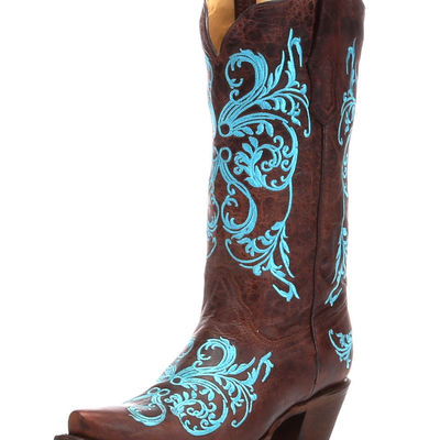 Usa lucchese turquoise floral embroidered classic brown cow boy boots - Thumbnail 5