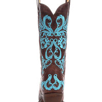 USA LUCCHESE TURQUOISE FLORAL EMBROIDERED CLASSIC BROWN COW BOY BOOTS - Thumbnail 2