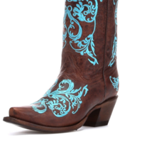 USA LUCCHESE TURQUOISE FLORAL EMBROIDERED CLASSIC BROWN COW BOY BOOTS - Thumbnail 3