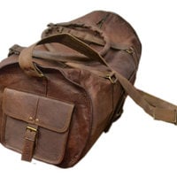 24" Handmade Leather bag Round Duffle bag Gym bag Sport bag Cabin bag overnight Travel Bag Tote leather briefcase cabin bag messenger bag - Thumbnail 1