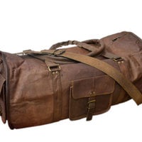 24" Handmade Leather bag Round Duffle bag Gym bag Sport bag Cabin bag overnight Travel Bag Tote leather briefcase cabin bag messenger bag - Thumbnail 2