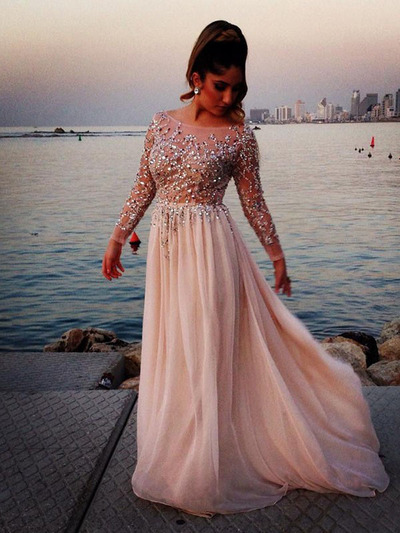 ombre prom dresses,Ivory A-line Bateau Long Sleeve Chiffon Prom Dresses Evening Dresses 1210