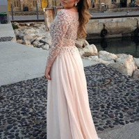 ombre prom dresses,Ivory A-line Bateau Long Sleeve Chiffon Prom Dresses Evening Dresses 1210 - Thumbnail 1