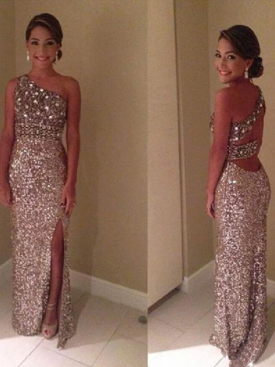 pretty prom dresses,Full Sequins Sheath/Column One Shoulder Tulle 2016 Prom Dresses Evening Dresses 8701