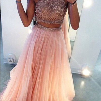 Halter open back beading bodice split skirt long prom dress,evening dresses